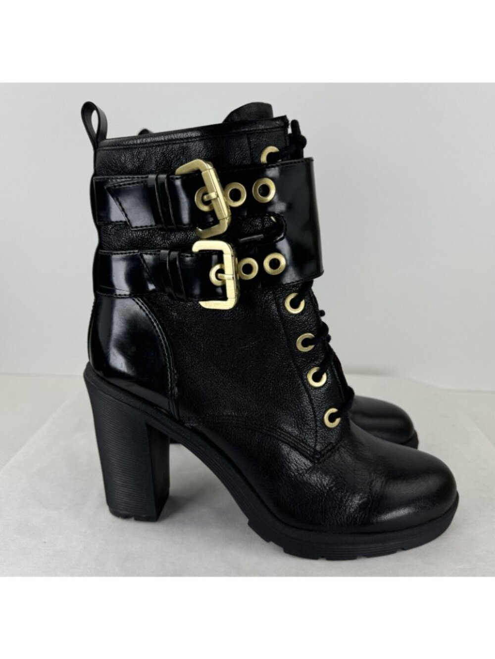 Guess Finlay Black Side Zip High Heel Leather Boots Womens Sz 8.5M Buckle Strap - Picture 2 of 16